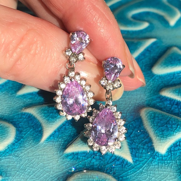 Sterling Silver 925 Purple and Clear Stone Dangle Earrings - Picture 3 of 16